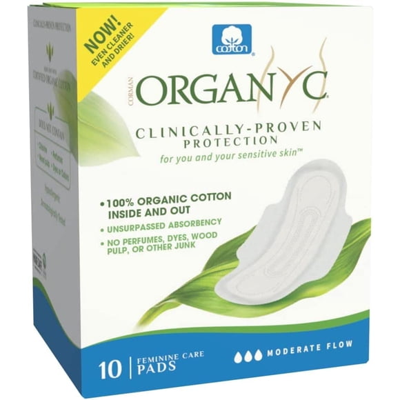 Organyc Serviettes Hygiéniques Féminines en Coton Biologique Certifié à 100 % avec Ailes, Serviette Quotidienne, Teinture, Parabène, Parfum, Sève, Plastique et Sans Javel, Flux Modéré