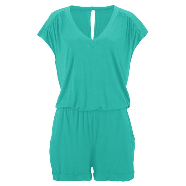 Wosthever Mono de verano liso de algodón con cuello en V para mujer, mono de manga corta para niña Deportes acuáticos Azul S