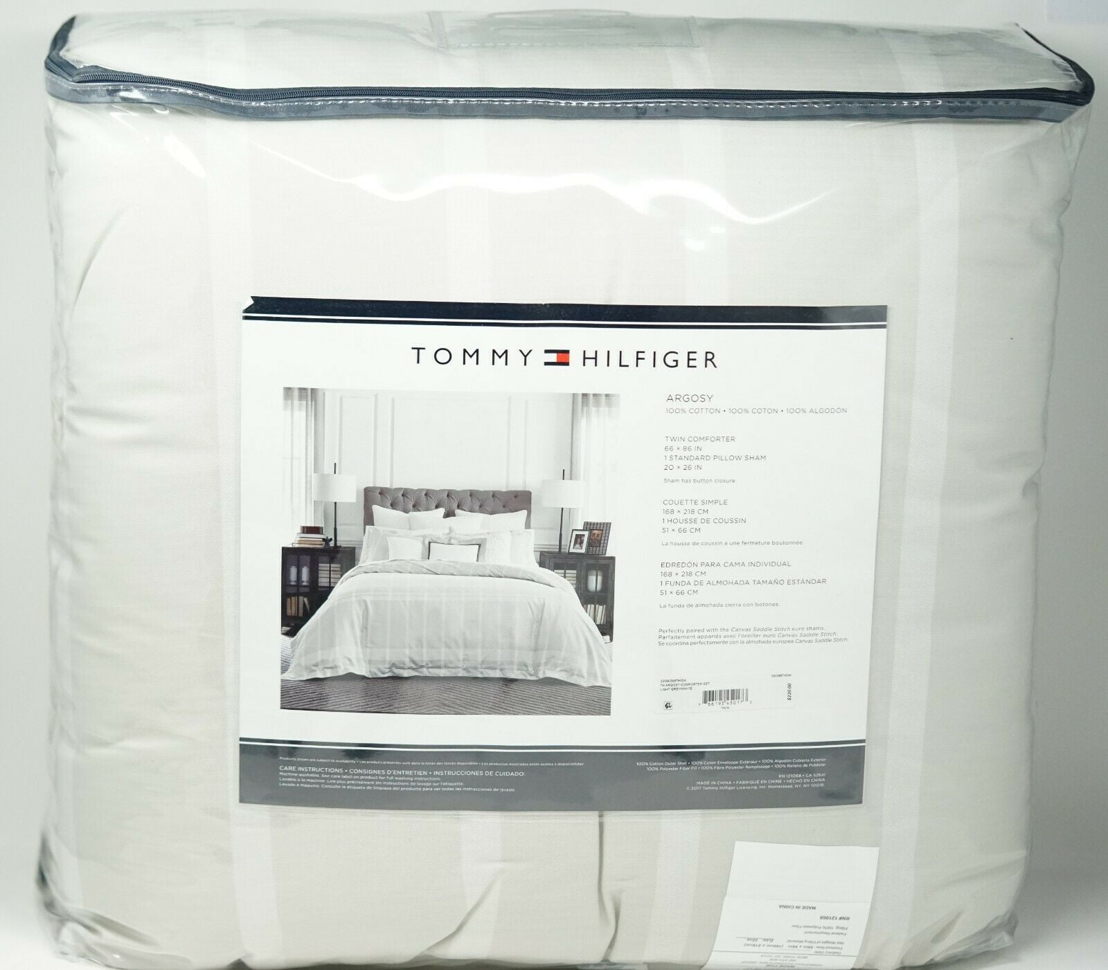 Tommy Cotton Reversible Comforter Set - TWIN - Light Grey -