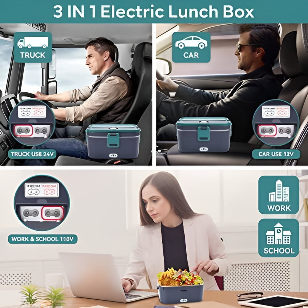 Electric Lunch Box- 110V/12V/24V Portable Food Heater for Car/Office/School, 1.8L Stainless Steel Removable Container, Spoon and Carry Bag,60W Lunch Box