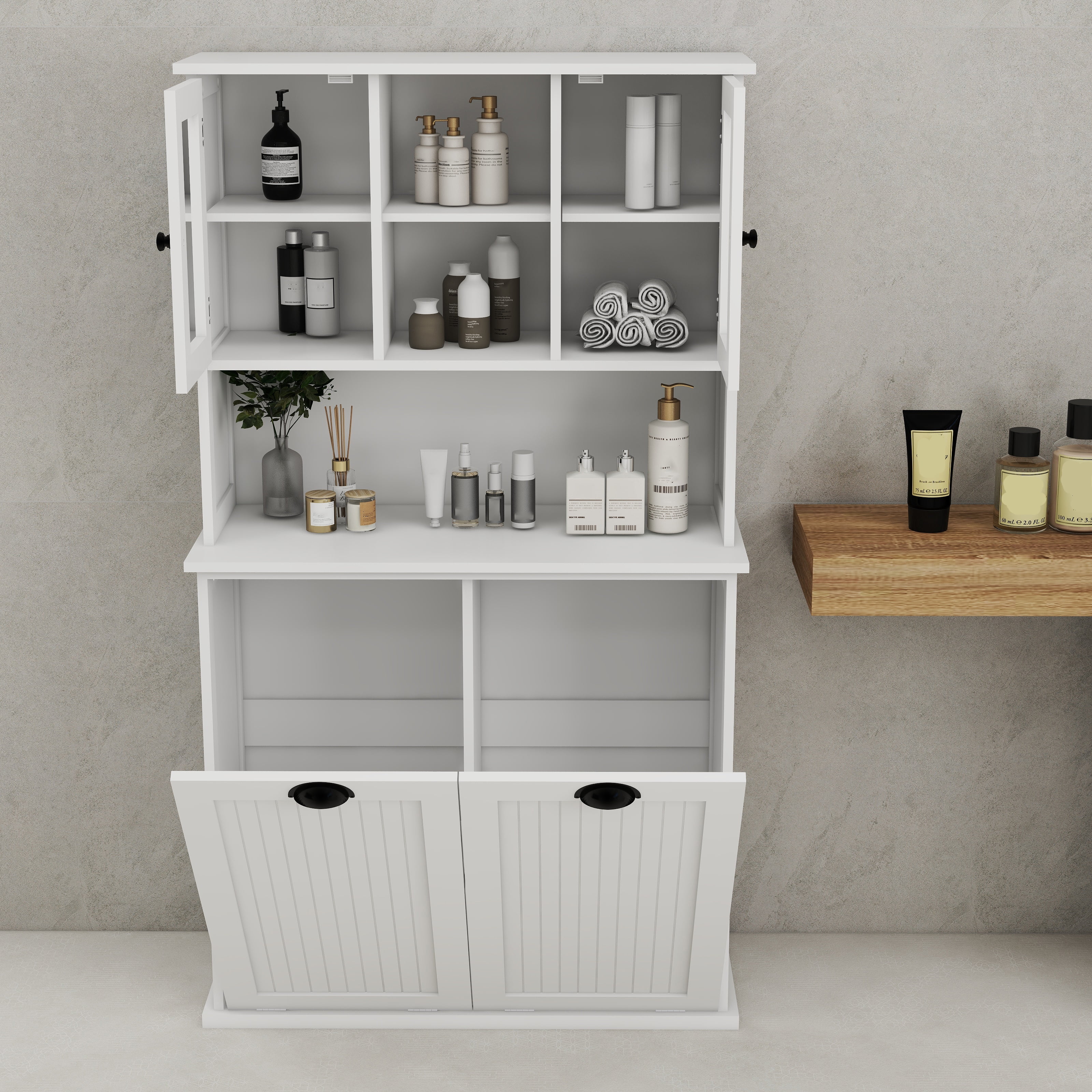 Mintazer Laundry Hamper Cabinet with 2 Compartment Tilt-Out Removable Laundry Baskets and Adjustable Shelves for Bathroom Laundry Room,White