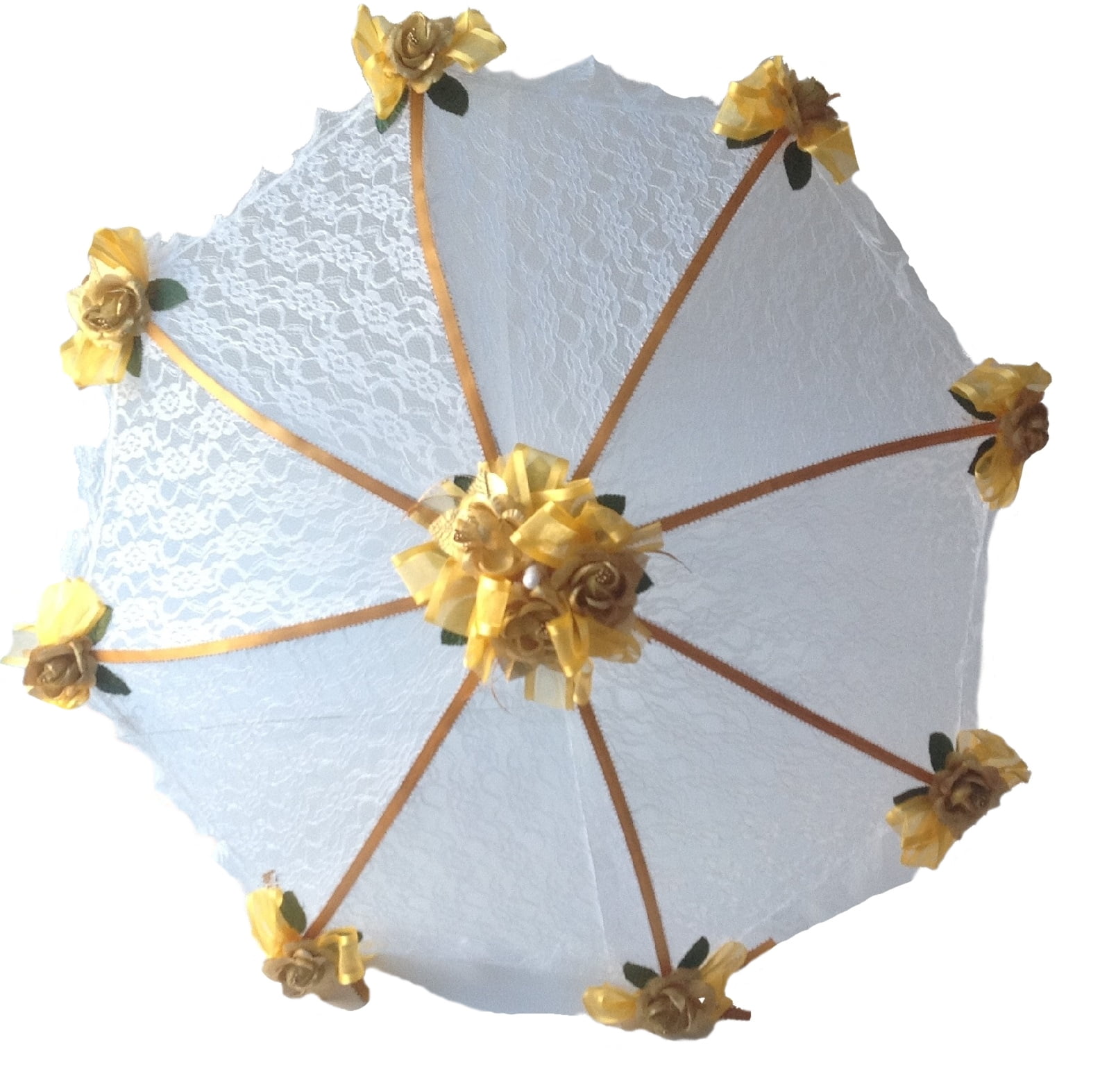 PFP Decorated Bridal Shower White Lace Umbrella Parasol 36 Gold Roses