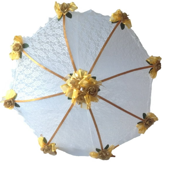 Decorated Bridal Shower White Lace Umbrella Parasol 36 Gold Roses
