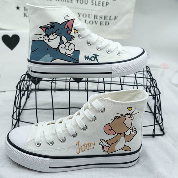 Primavera y otoño Nuevos zapatos de lona de caña alta para hombres de marca compartida Tom y Jerry Zapatos de pareja de estudiantes versátiles de moda de estilo coreano para mujeres ins