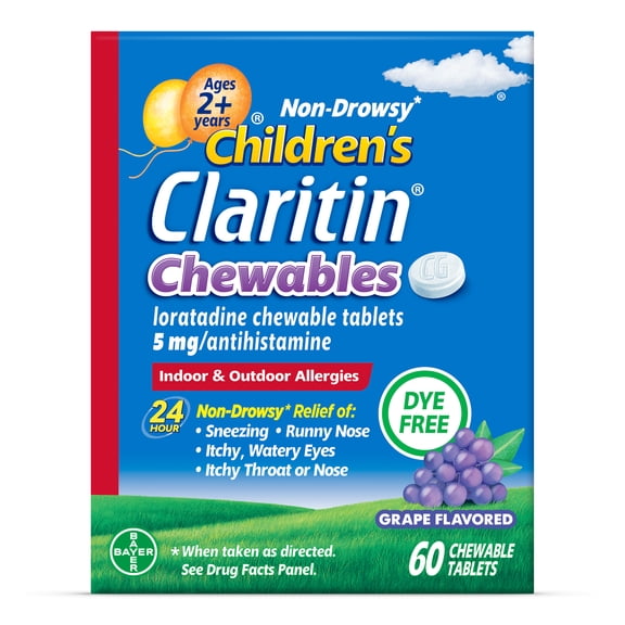 Claritin Allergy Medicine for Kids, Loratadine Antihistamine Grape Chewable Tablets, 60 Ct