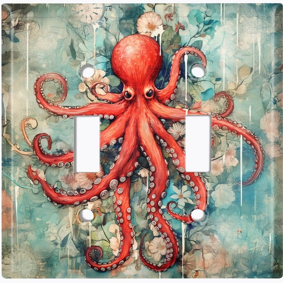 Metal Light Switch Wall Plate Outlet Cover (Printed Image of Stylized Octopus - Double Toggle)