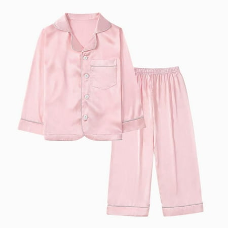 

GYRATEDREAM Little Kid Big Girl Boy Satin Silk 2PCS Long Sleeve Button-Down 2PCS Pajamas Set 3-14Y