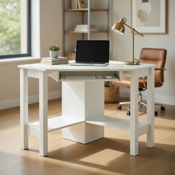 Resenkos Wooden Study Computer Corner Desk with Drawer-White, Home Office Desks, Gaming Computer Desks for Study,Working,Writing