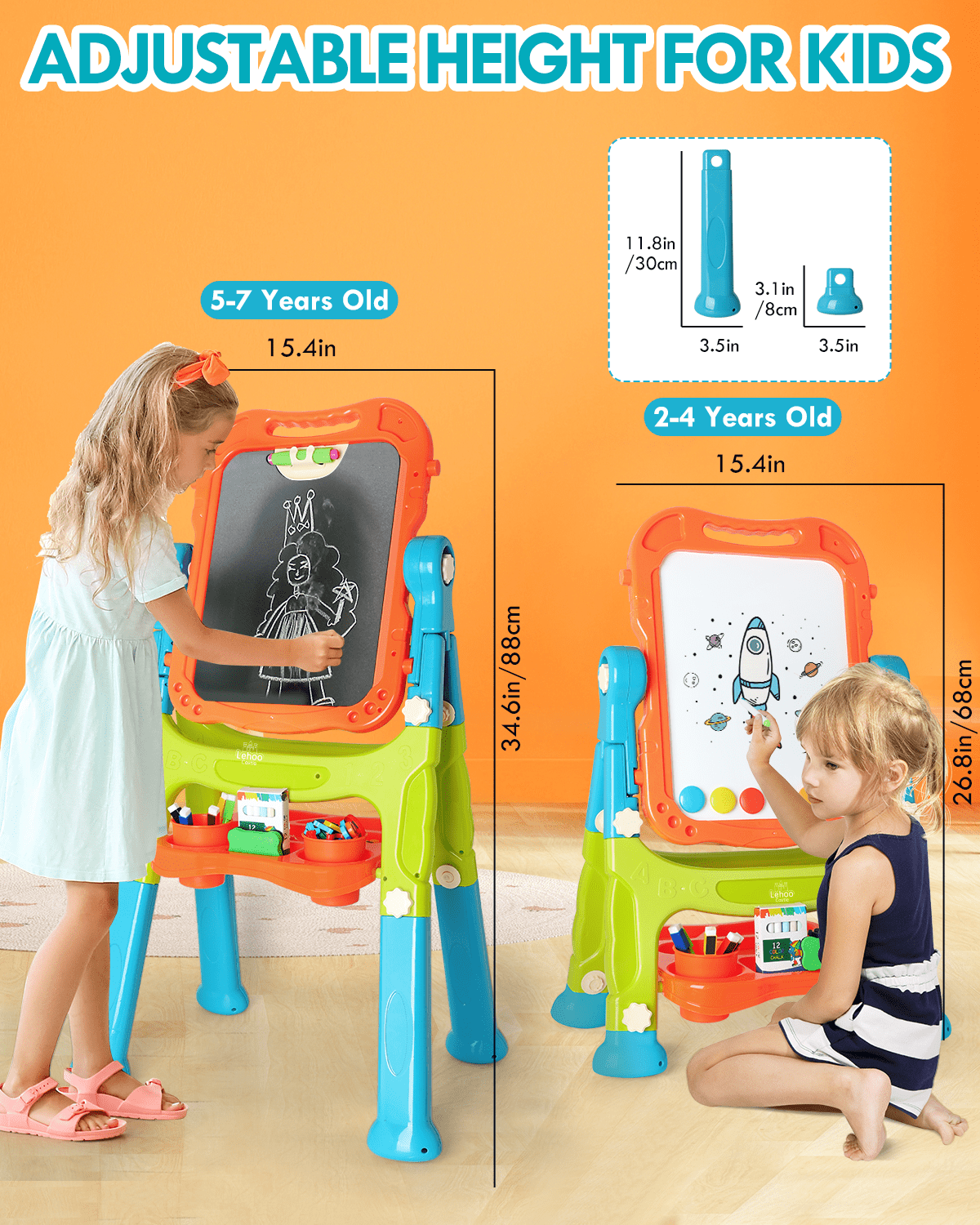 Easel for Kids, 4 in 1 Rotatable Double Sided Adjustable Standing Kids Art Easel Drawing Board White Board Chalkboard with Painting Accessories - Green