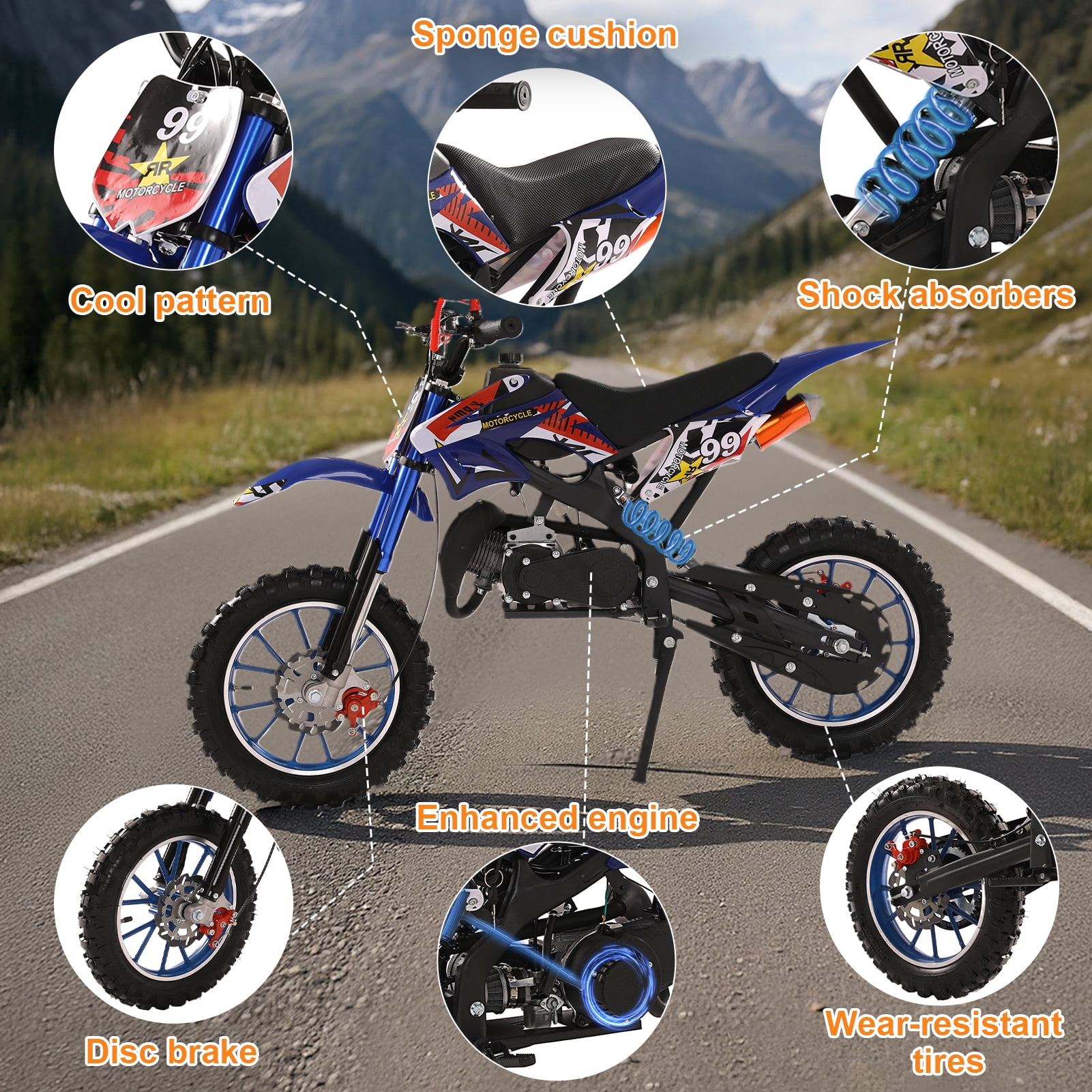 Fompes 2-Stroke Kids Dirt Bike 49cc Gas Power Motocross Off Road Mini Motorcycle Pocket Motorbike with Front Rear Disc Brakes Shock Absorption Springs Ideal Birthday for Boy Girl