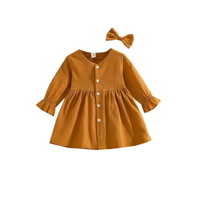 FOCUSNORM Tenues d'Automne 2 Pcs pour Filles Tout-Petits, Robe à Boutons Col en V + Nœud pour Cheveux