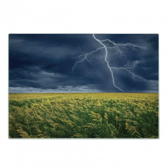 Nature Cutting Board, Thunder Bolt Above the Seasonal Field Electric Vibes Mother Nature Theme Image, Decorative Tempered Glass Cutting and Serving Board, Small Size, Yellow Blue, by Ambesonne