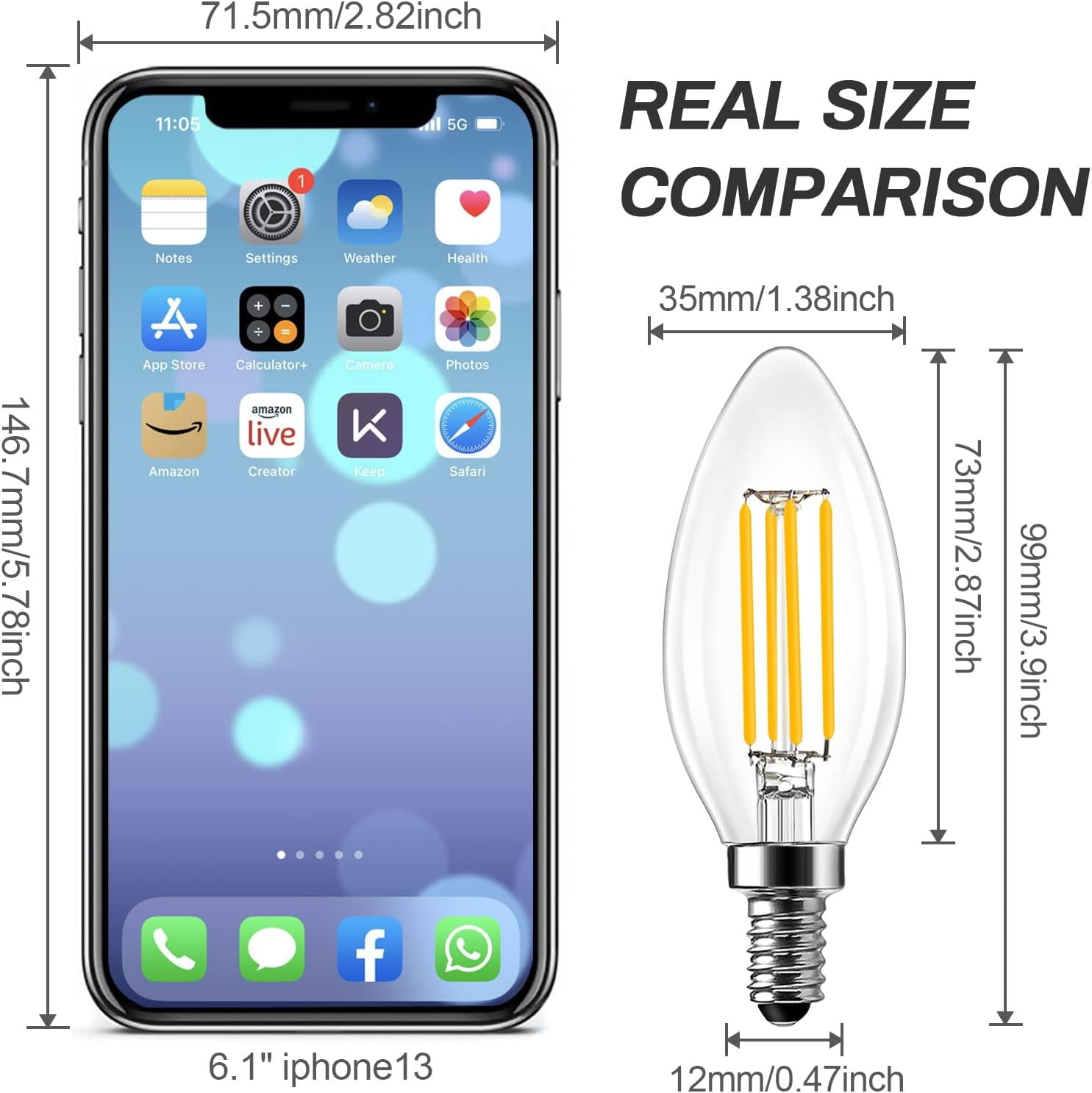 FEFEFW-4W E12 Candelabra Led Bulbs Dimmable, 40 Watt Equivalent, 2700K Warm Glow, C35 B11 Filament Led Candle Light Bulbs for Foyer Chandeliers, Celling Fans and Other Wall Fixtures, 6Pack