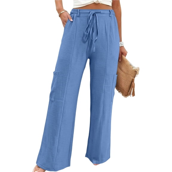 Women's Soft Nylon Spandex Stretch Trousers, Elastic Waist Straight Leg Long Pants with Functional Pockets, Tummy Control Slimming Fit, Casual Daily Wear, Work & Weekend | TruHer,Blue L