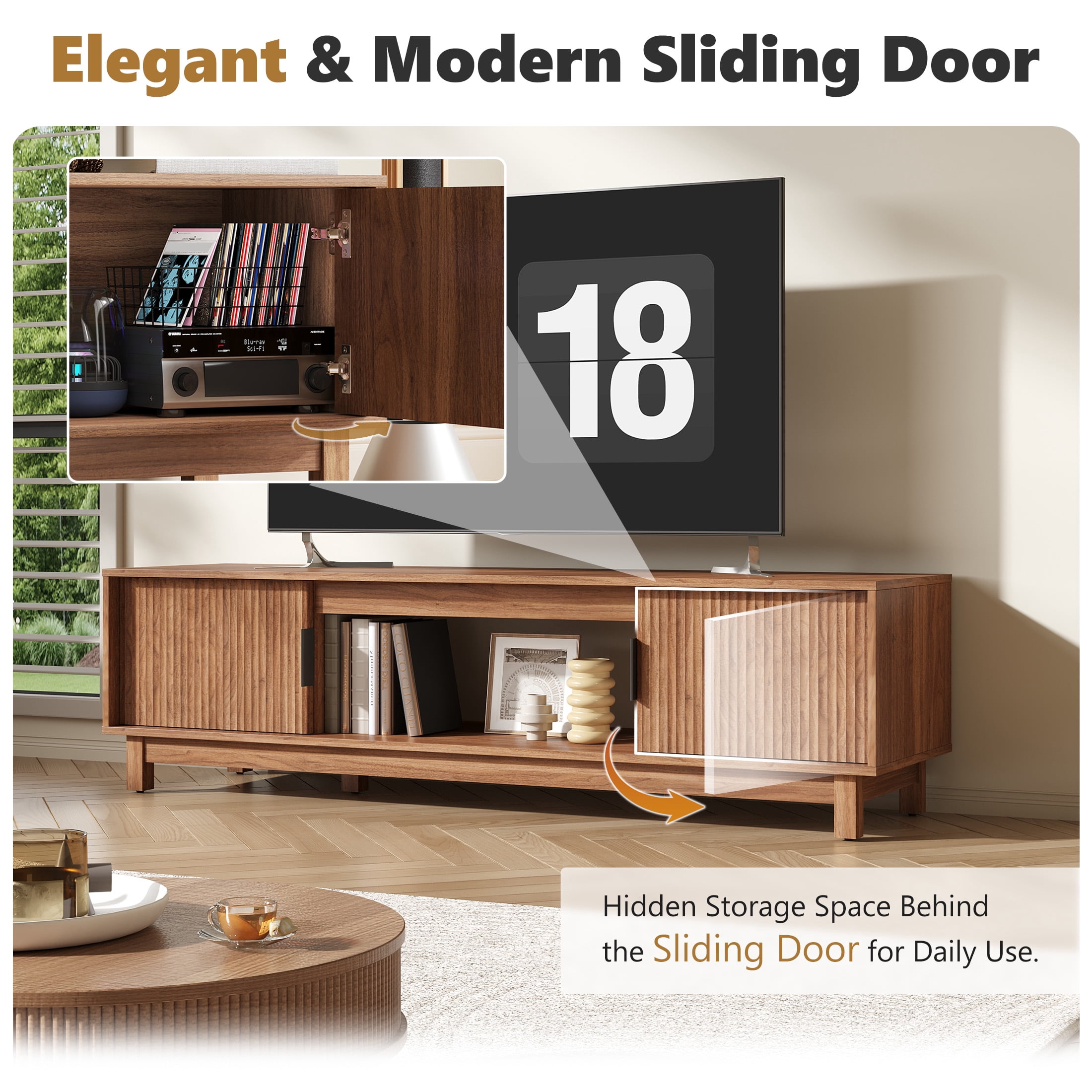 JIOABL 58" Rattan TV Stand, Wood Entertainment Center with Storage Cabinets & Cable Management Hole