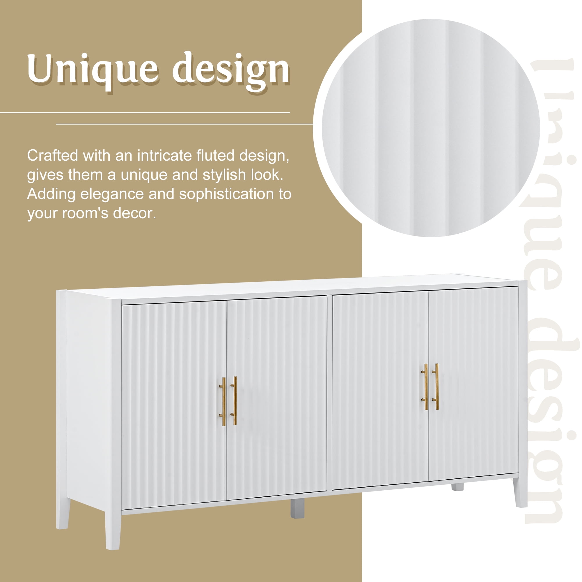 Mintazer 61" Fluted Sideboard Buffet Cabinet with 4 Door, Modern Wave Slatted Storage Credenza with Gold Metal Handles for Dining Room Living Room Entryway, White
