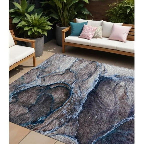 HomeRoots 560625 9 x 12 ft. Navy Blue Abstract Washable Non Skid Indoor Outdoor Rectangle Machine Woven Area Rug