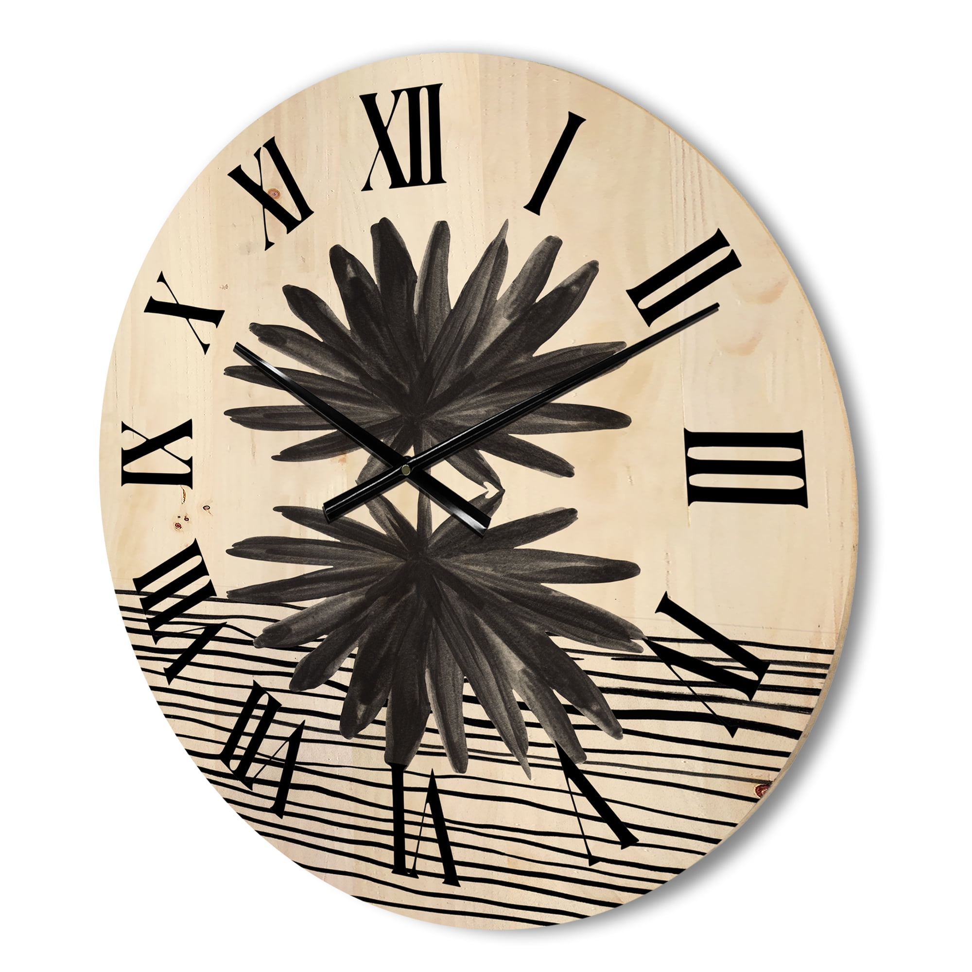 Designart 'Black and White Striped Under Tropical Leaf II' Modern Wood Wall Clock