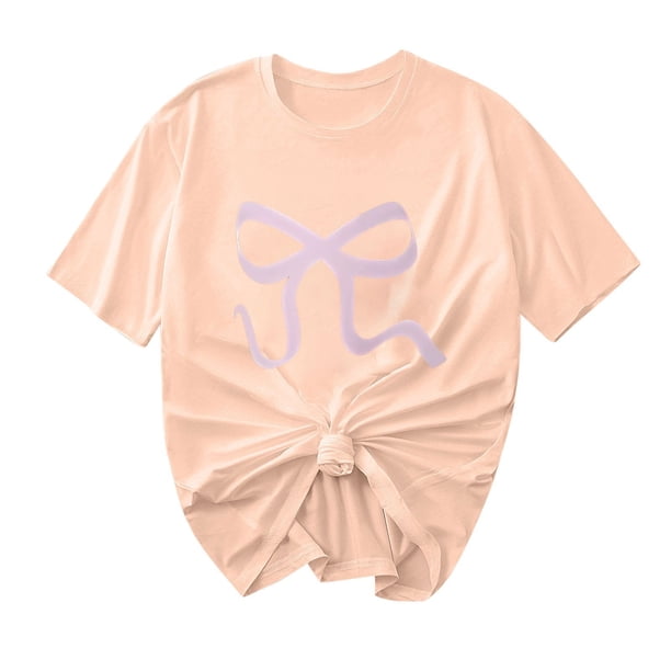 Primavera Top Mujeres Moda Casual Nueva Cinta de Arco Impresa Cuello Redondo Camiseta de Manga Corta, Camiseta de Cuello Tripulado