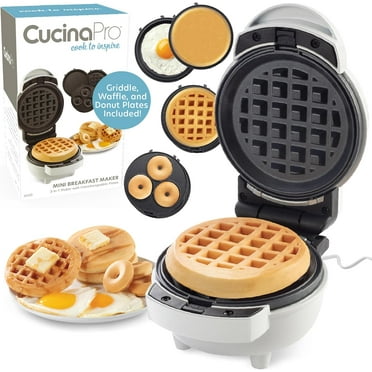 3 in 1 Mini Breakfast Maker- Make Mini Waffles Donuts Pancakes or Eggs all in 1 Multi Use Appliance- Easily Swap & Clean Interchangeable Griddle Plates- Small Electric Nonstick Baker for Any Occasion