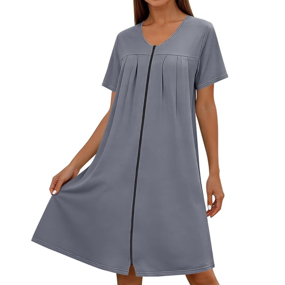 Virmaxy Women's Solid Color Short Sleeve Nightgown with Zipper Soft Casual Knee Length Round Neck Sleep Dress for Sleep and Home Relaxed Wear