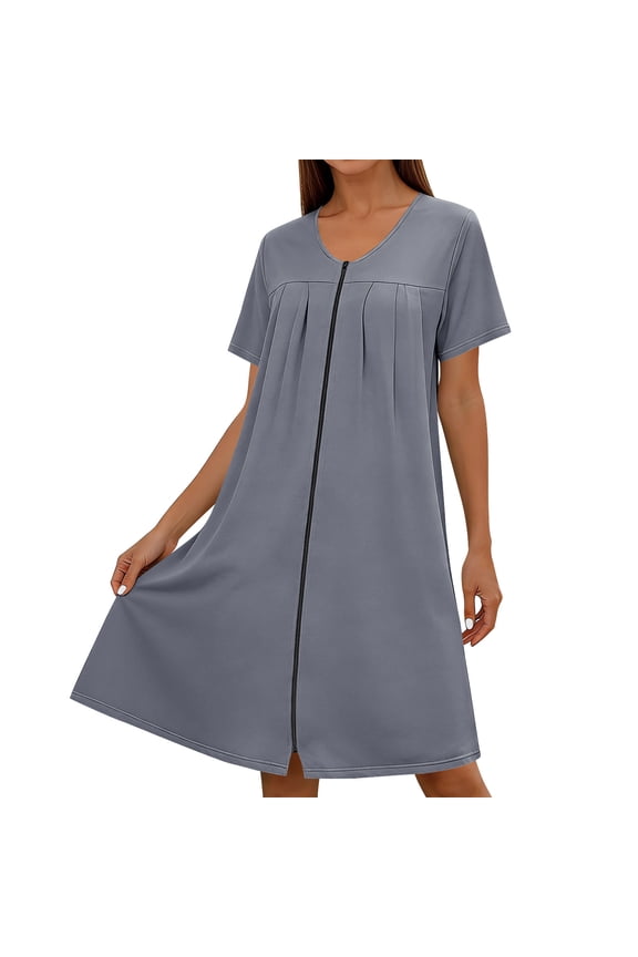 Zipper Robes for Women Short Sleeve Cotton Crewneck Bathrobes Lightweight Knee Length Housecoat with Pockets Nightgown