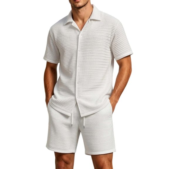 StSilkitty Mens 2 Piece Outfits Textured Short Sleeve Button down Shirts and Drawstring Shorts Sets Lightweight Soft Set