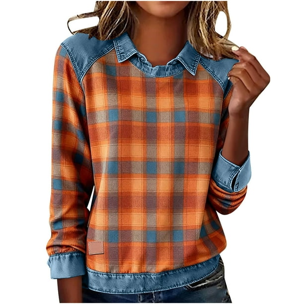RKSTN Women's Plaid Print Sweatshirts Oversized Lapel Denim Patchwork Stitching Pullover Top Womens Casual Plus Size Turndown Collared Loose Long Sleeve T Shirts Trendy Retro Streetwear Sweatshirt