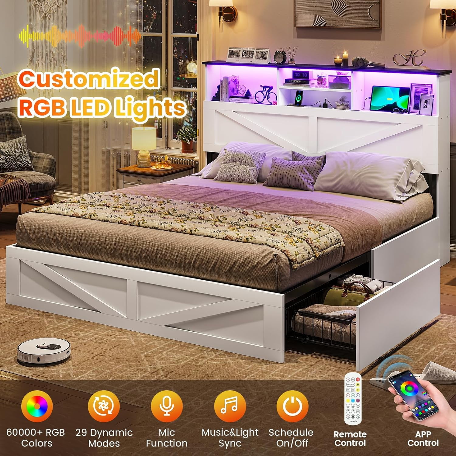 Queen Size Farmhouse Bed Frame with Bookcase & Storage Drawers LED Wooden Platform Storage Bed, No Box Spring Needed, White