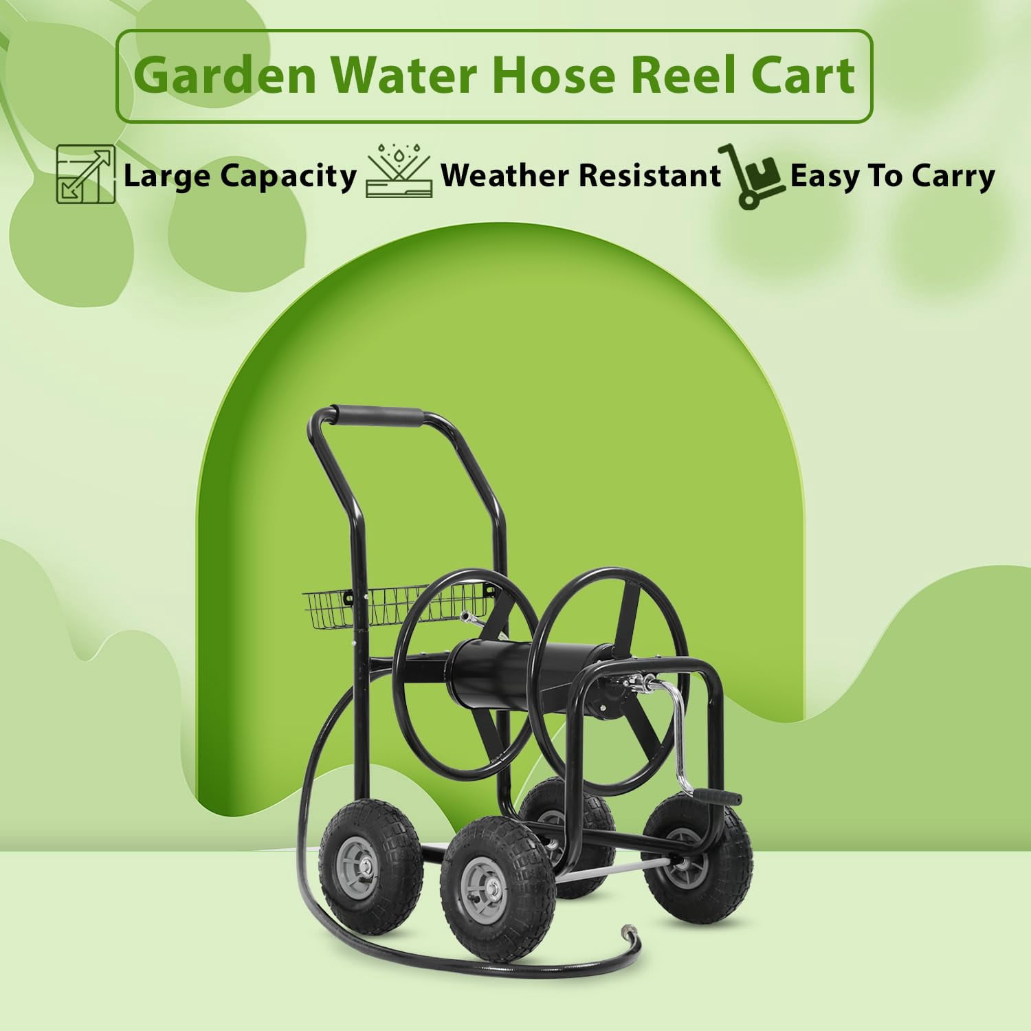 300ft Heavy Duty Hose Reel Cart - Steel Garden Water Hose Storage Cart with 8" Wheels, Foam Grip Handle, Outdoor Yard Hose Reel for Lawn & Garden (Black)
