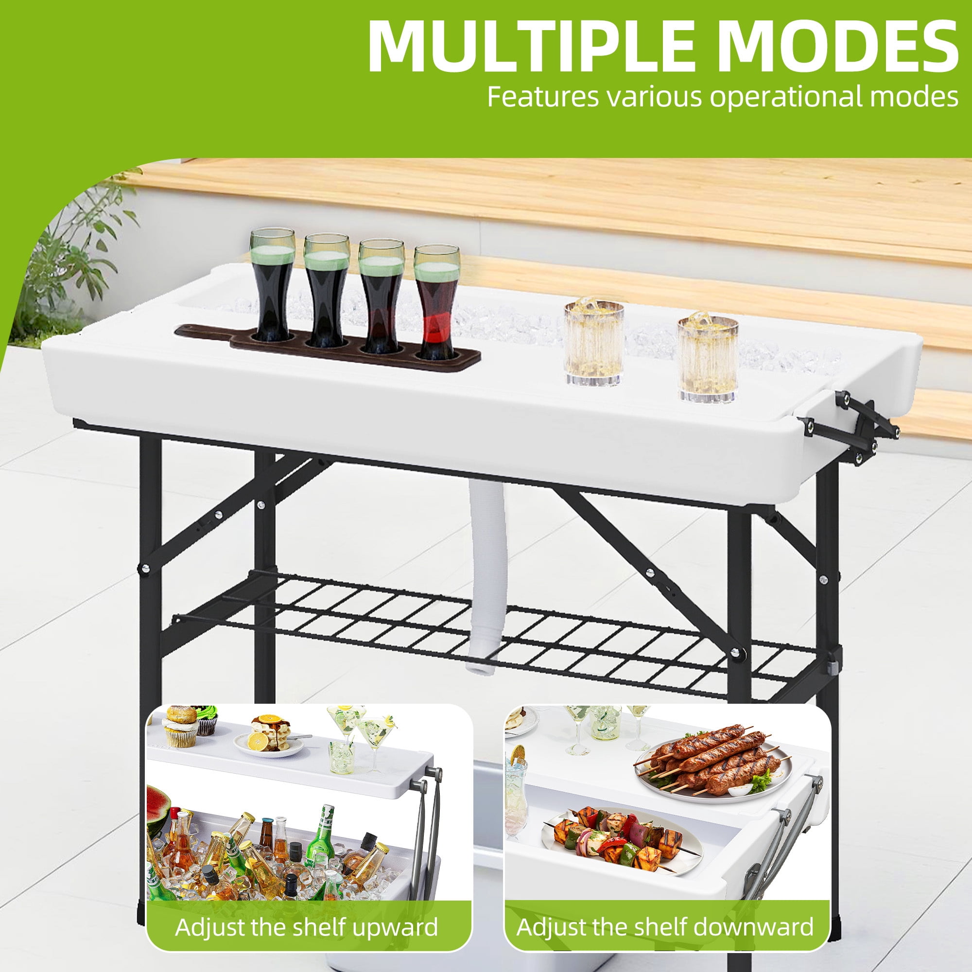 Uforic 4FT Two-Tier Folding Ice Cooler Table, Portable Party Ice Bin with Drain Hole and White Skirt, Outdoor Food Drink Station for BBQ, Camping, Wedding and Gathering