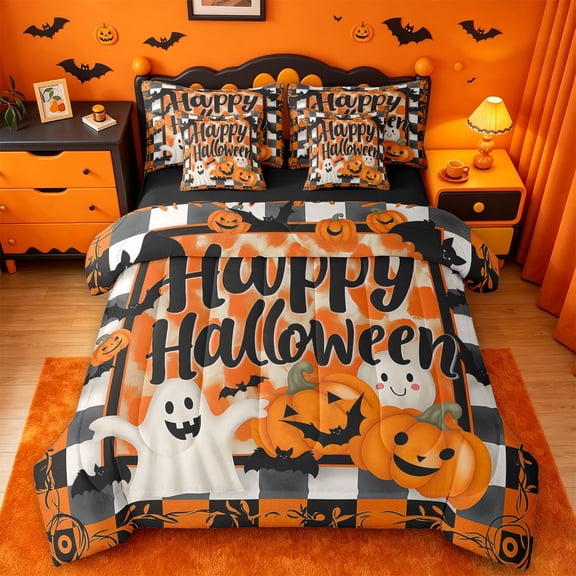 Homewish Happy Halloween Themed 7-Piece Twin Bedding,Plaid Pumpkin Ghost Pattern Bedding Comforter Set,Black Reversible