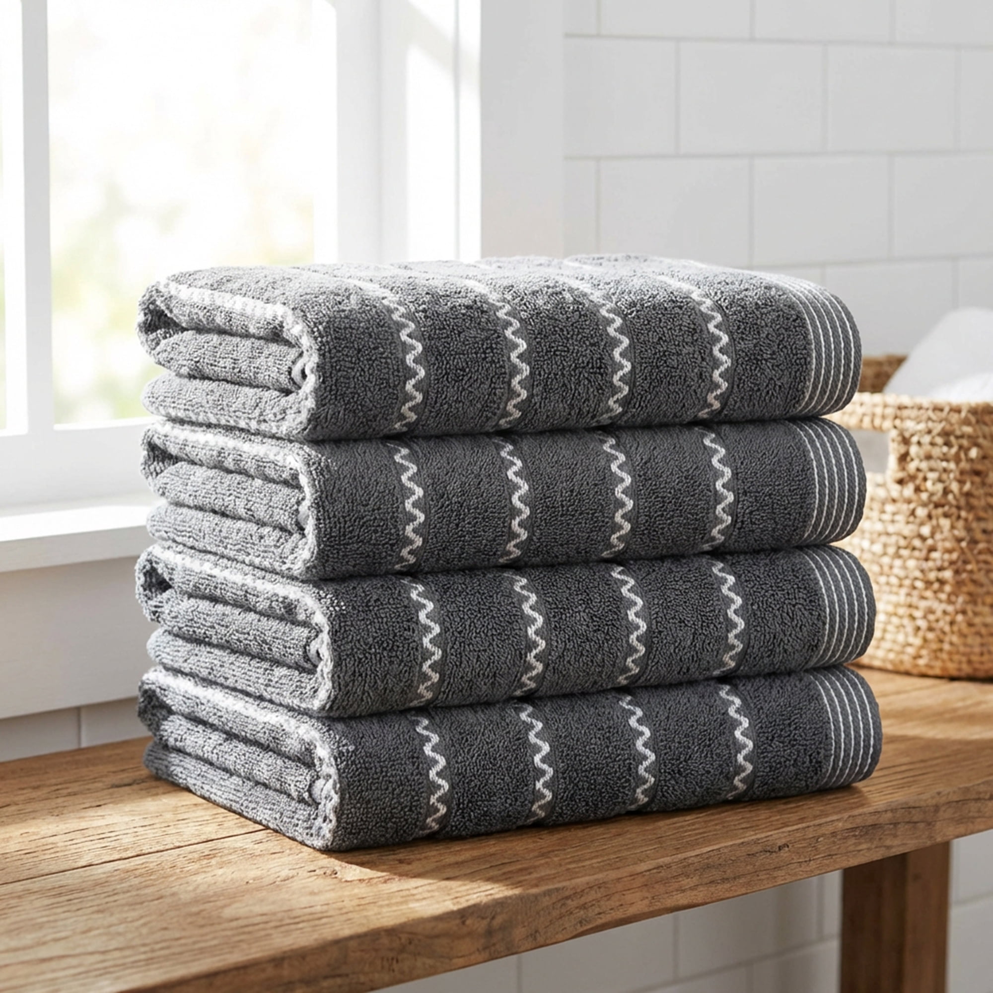 Unique Bargains 2Pcs Pure Cotton Wavy Stripe Absorbent Hand Towels Dark Grey 29" x 13"