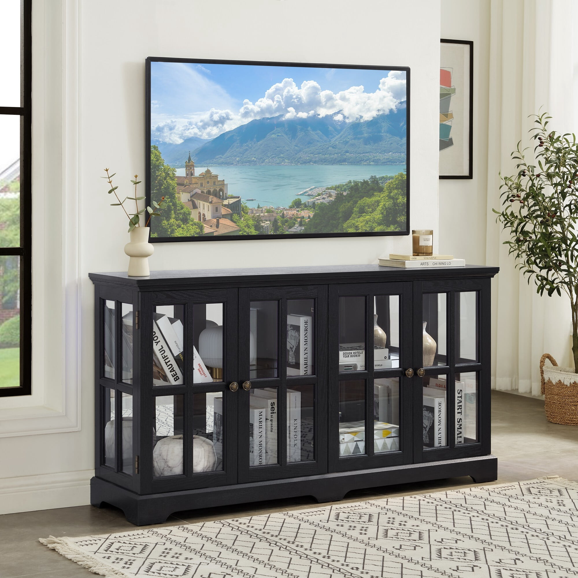 AENKYO Retro LED Glass Display Cabinet with Adjustable Shelves, Vintage Style Curio Showcase for Home, Antique Black