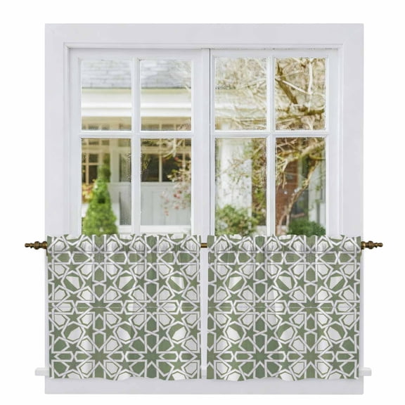 Sage Green Tier Curtains 24 Inch Length, Retro Abstract Morocco Geometric Texture Cafe Short Curtains for Bathroom Over Sink, Small Kitchen Curtain Light Filtering Tiered Drapes 2 Panels 27.5"Wx24"L