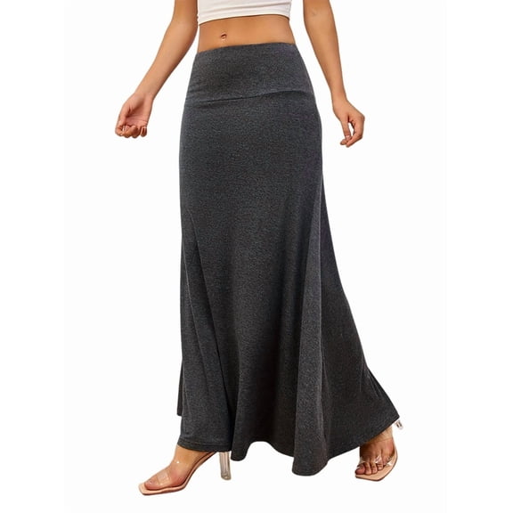 Women'S Casual Mid Long Skirts Stretchy Ultra-Soft Flowy Maxi Formal Skirts High Waist Lounge Skirts Dark Gray XXL