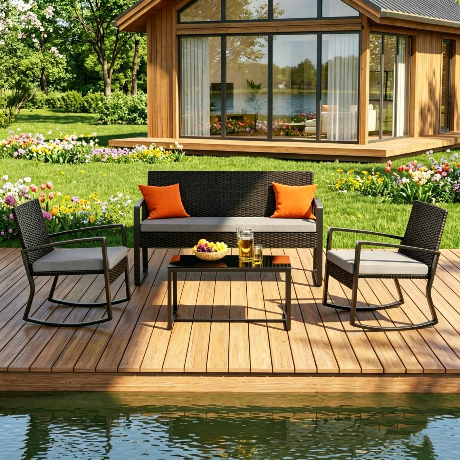 Patio Furniture Set, Lofka 4 Pieces Outdoor Conversation Set with Rattan Wicker Rocking Chairs, Removable Cushions & Glass Table, Gray