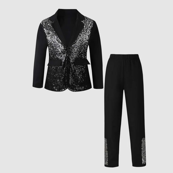 CUZIBR Boys Sequin Suit Formal Outfit Long Sleeve Button Notched Neck Front Pockets Jacket And Pants Performance Party Wear 2 Piece Clothes Sets,Black,4-5 Years