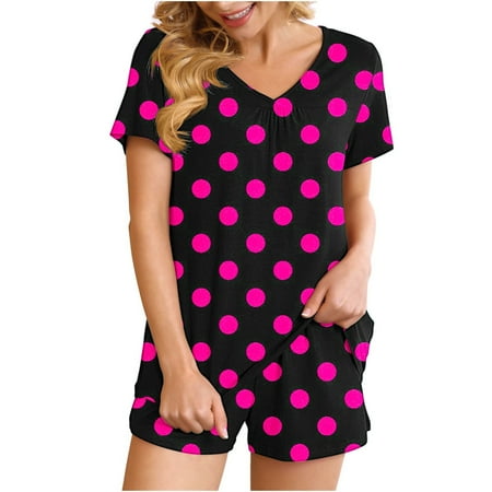 Scyoekwg Summer Vacation 2 Piece Outfits for Women Casual Polka Dots Print Trendy Short Sleeve V-Neck Tops Shorts Tracksuit Sweatsuits Sets Loose Matching Set Women (Hot Pink XL)