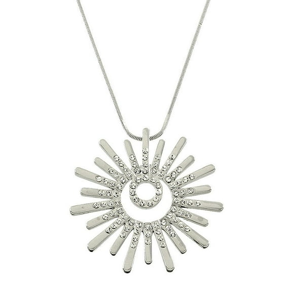 Starburst Pendant Necklace Clear Rhinestone Crystal Rhodium Plated 17 Inch Snake Chain J0161