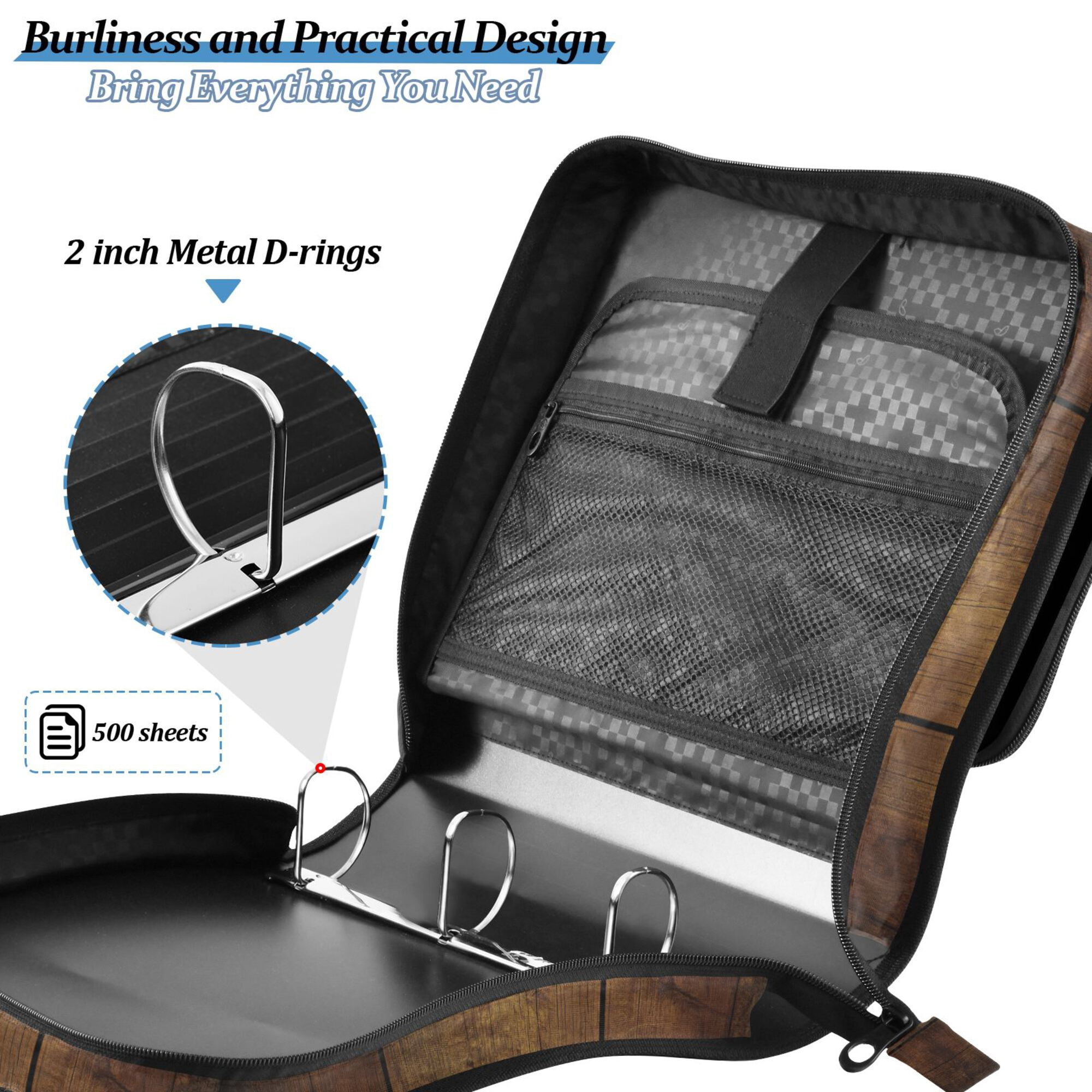 FORMRS Zipper Binder with Shoulder Strap 2-inch Ring 500 Sheet Capacity File Bag, Wood Grain