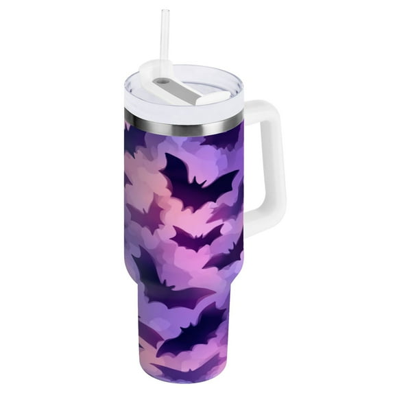 Stainless Steel Tumbler with Straw and Handle, Double Wall Insulated Tumblers, Purple Bats Pattern