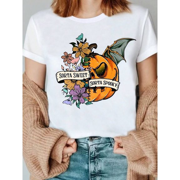 Gothic Halloween T-Shirt, Cute Pumpkin Bat & Floral Graphic Print Short Sleeve Crew Neck Casual Tee For Spooky Season.
