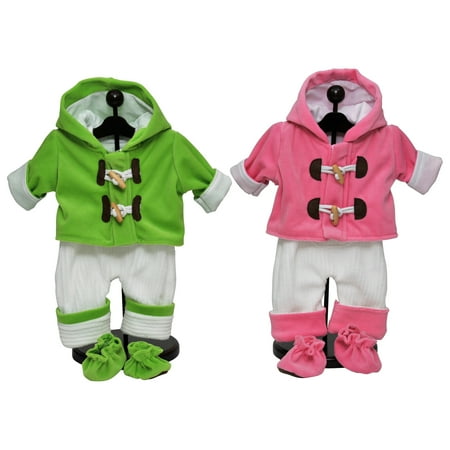 Set of Two Complete Bitty 15 Inch Baby Doll Twin Overall Outfits Pink & Green, Overalls, Shirt, Bootie Shoes. Two Outfits