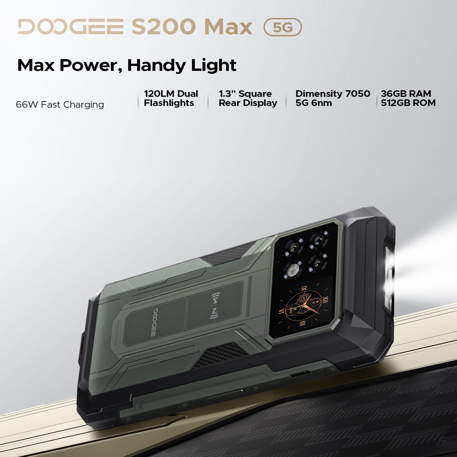 DOOGEE S200 Max 5G Rugged Phone Unlocked, Rugged Smartphone with 1.3" Rear Screen,22000mAh/66W,36GB+512GB/TF 2TB,108MP+20MP Night Vision Camera,6.72" FHD+/120Hz,Dual Unlock/NFC/5G Dual SIM Android 15