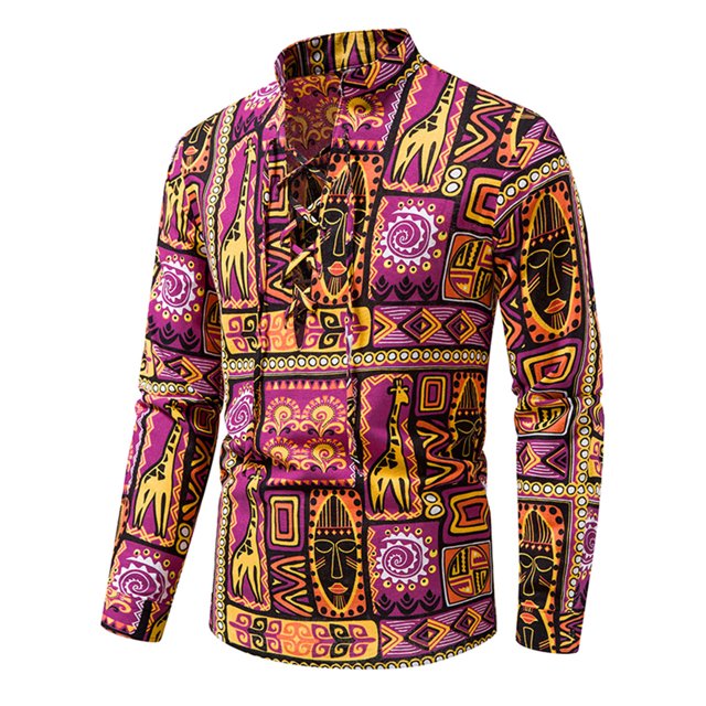 Tops de Otoño Para Hombre Camisa de Lino de Algodón de Moda Casual Top de Cuello en V Étnico Con Estampado de Manga Larga Odeerbi ODB179619