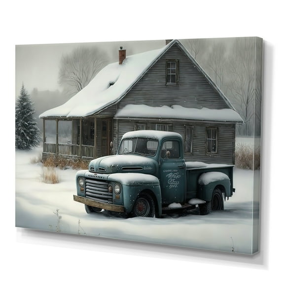Designart Old Truck At The Barn In Winter IV Canvas Wall Art