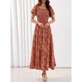 thumbnail image 3 of Orange Boho Floral Maxi Dress Square Neck Short Sleeve Smocked Waist, 3 of 27