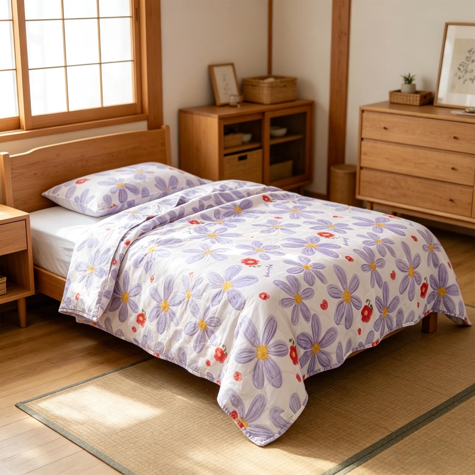 YiJuHui Fresh Flowers Washable Cottons Quilt, Lightweight Breathable Summer Air Conditioning Blanket, Soft Fluffy Thin Blanket for Spring Fall Bedroom Travel