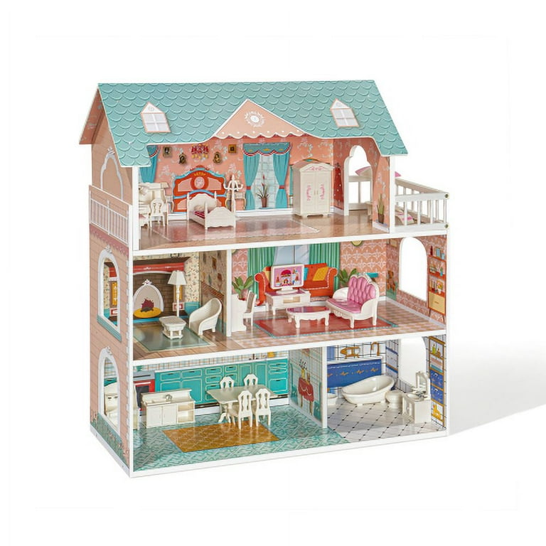 Wooden Dollhouse, Doll House has 3-Story functional areas for